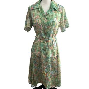 50's Day Dress Semi Sheer Belted Short Sleeve Floral blue with green Size M